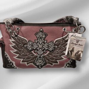 Heritage West Pink Shoulder Bag Rhinestone Cross Design Multi Pockets Western